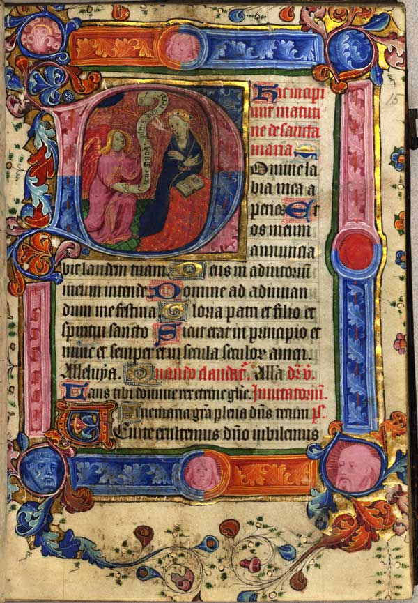 Page from the Hours of the Virgin with historiated initial showing the Annunciation. Page from the Hours of the Virgin with historiated initial showing the Annunciation.