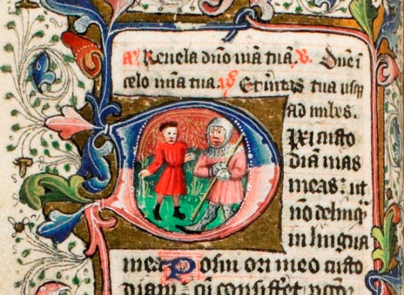 David and Goliath. Note the sling in David's hand. f.61v.