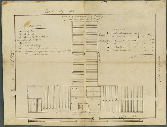 Plan of a temporary place of worship at Sydney, New South Wales [1794]. The plan depicts seating for 500, with areas for male and female convicts, soldiers, free persons, officers etc. 