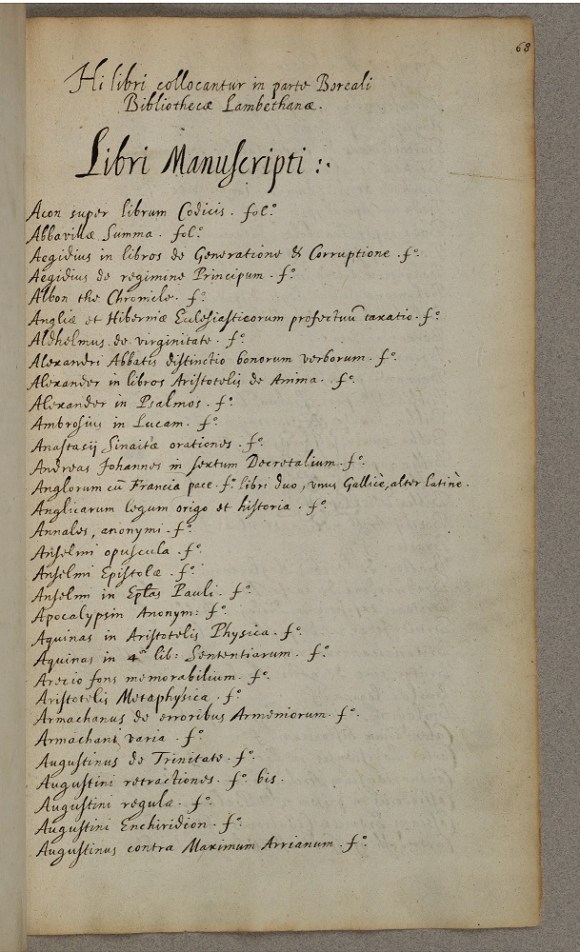 The first catalogue of the Library Records, 1612 (ref: LR F1 f68r)
