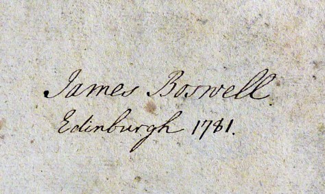 James Boswell’s autograph on the flyleaf of his copy of 