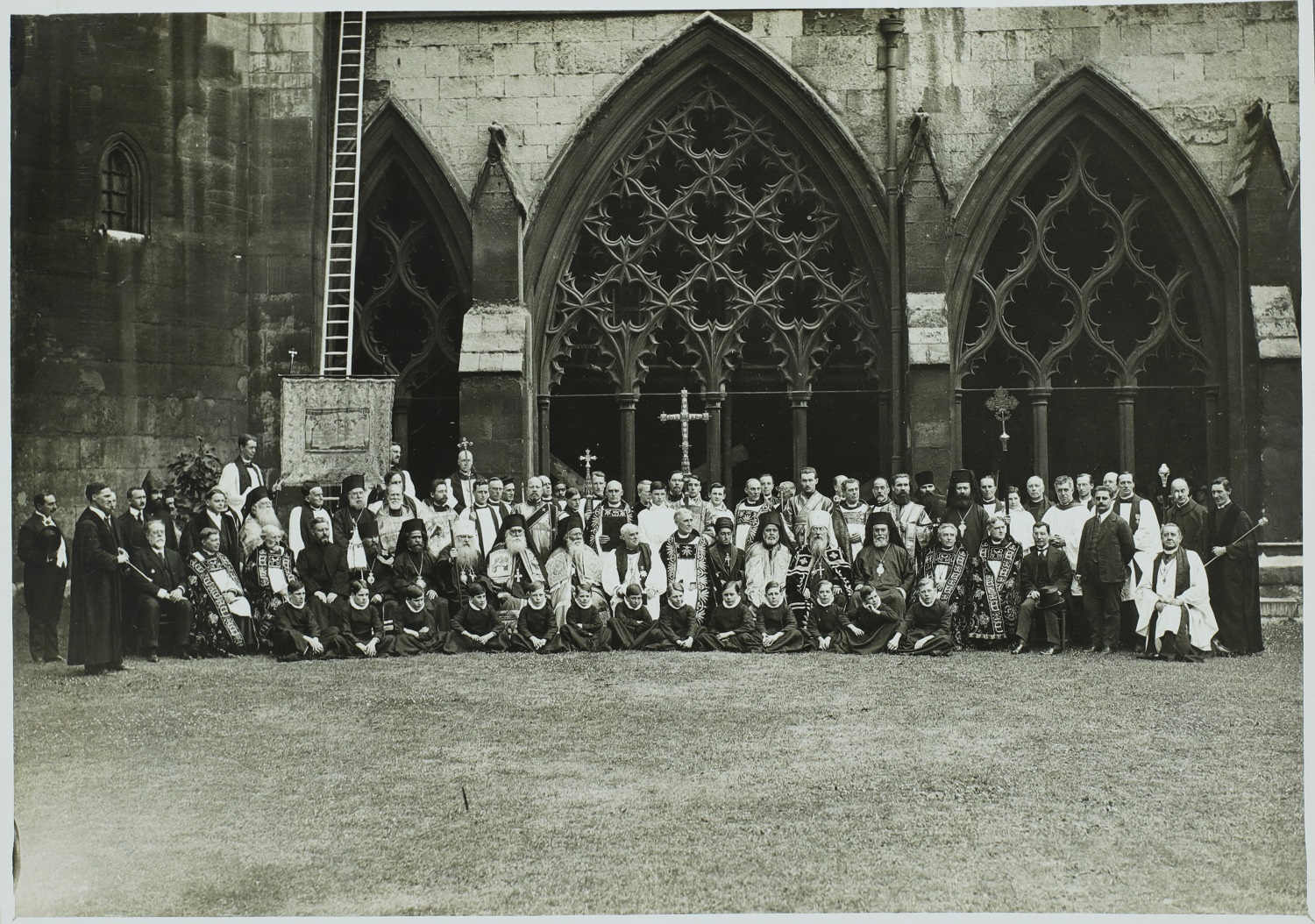 Group photograph from the original Nikaean service at Westminster Abbey in 1925, including Archbishop Davidson, John Douglas, visiting clergy and Westminster choirboys