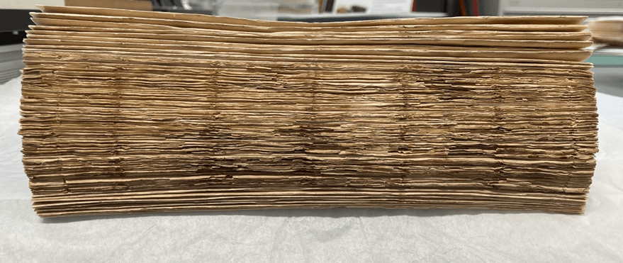 Stack of folded cream coloured paper making up the spine of a textblock. Upper section is smoother. Middle section is rough with areas missing. Lower section is smooth.