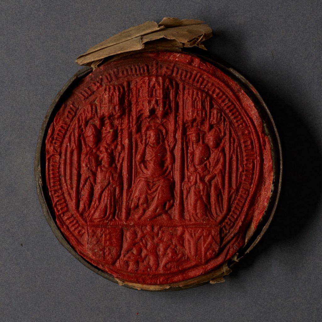 A wax seal with three main sections showing Archbishop Chichele, Henry VI, and Christ