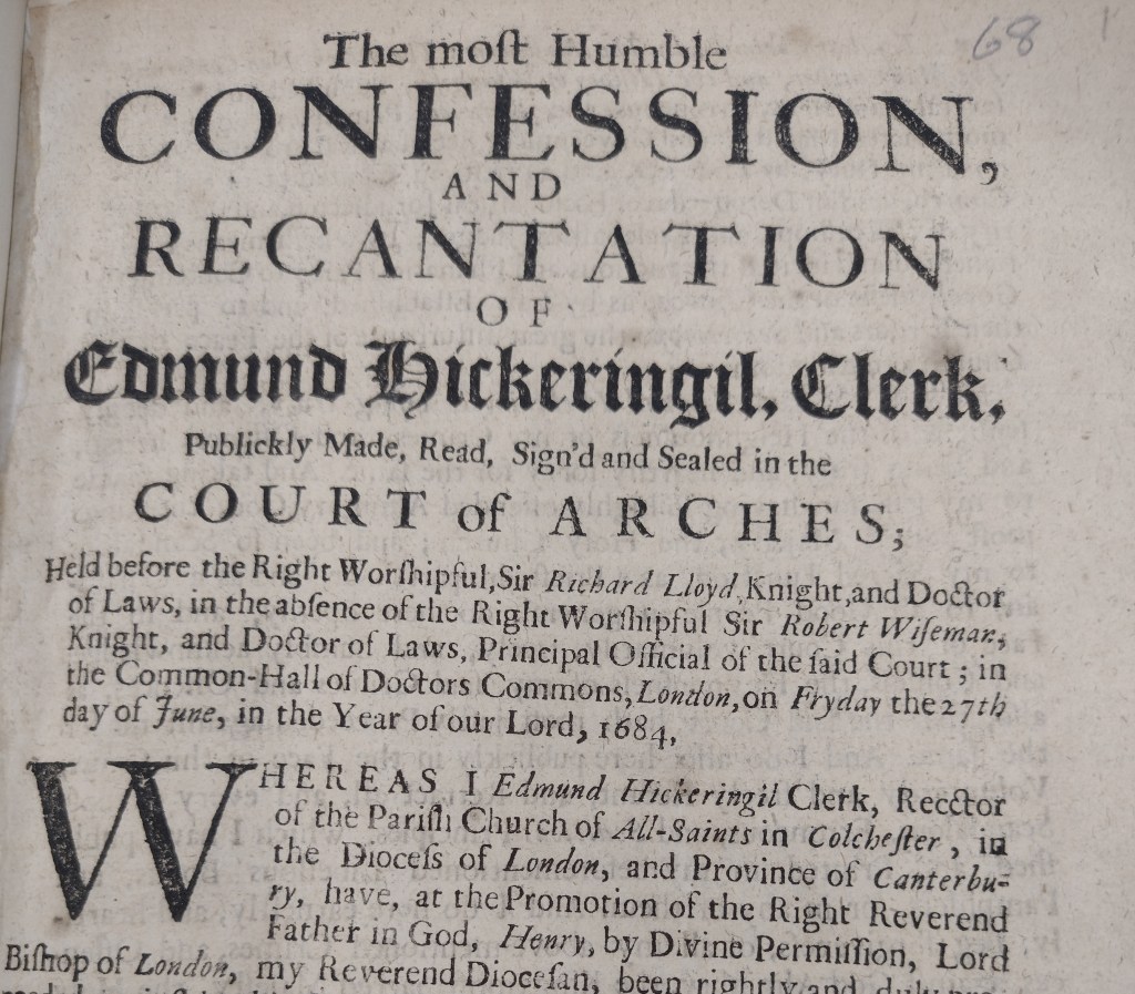 Title page of Edmund Hickeringill, The most humble confession and recantation of Edmund Hickeringil, clerk... (1684), YC911 59.01