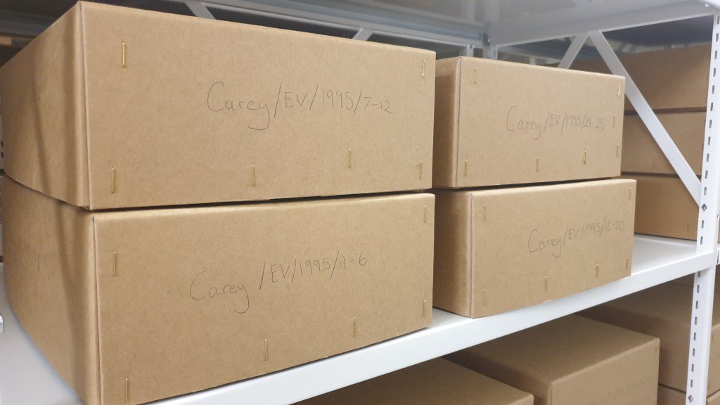 Archive boxes on a shelf