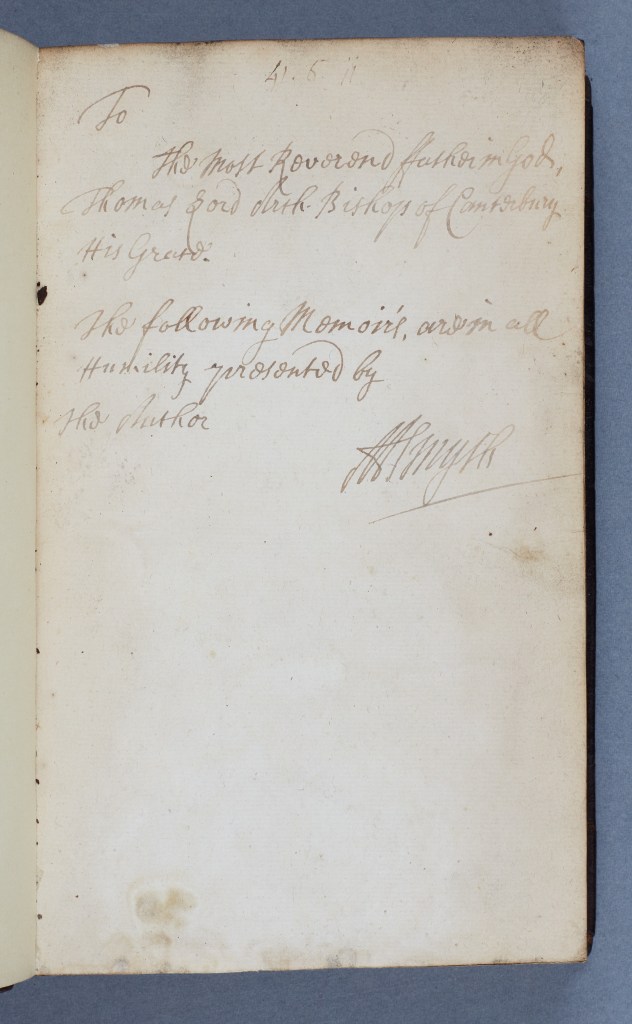 Inscription from Matthew Smith to Archbishop Tenison.