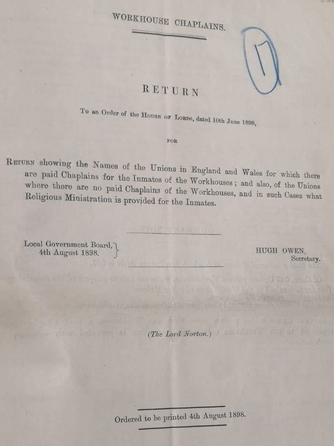 Title page of Workhouse Chaplains report to the House of Lords