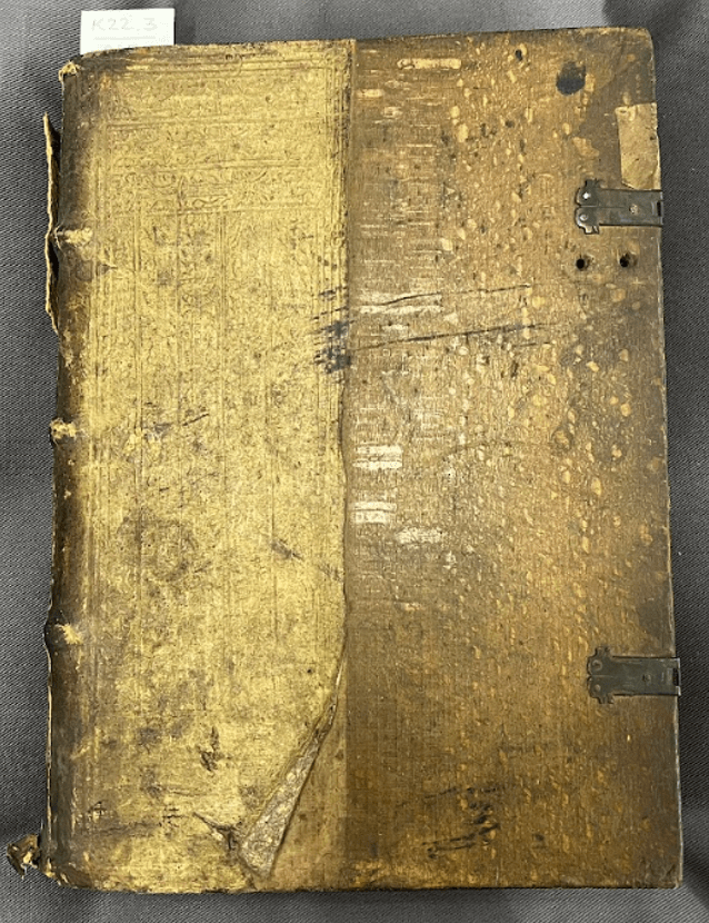 Book with 16th century binding showing board and clasps