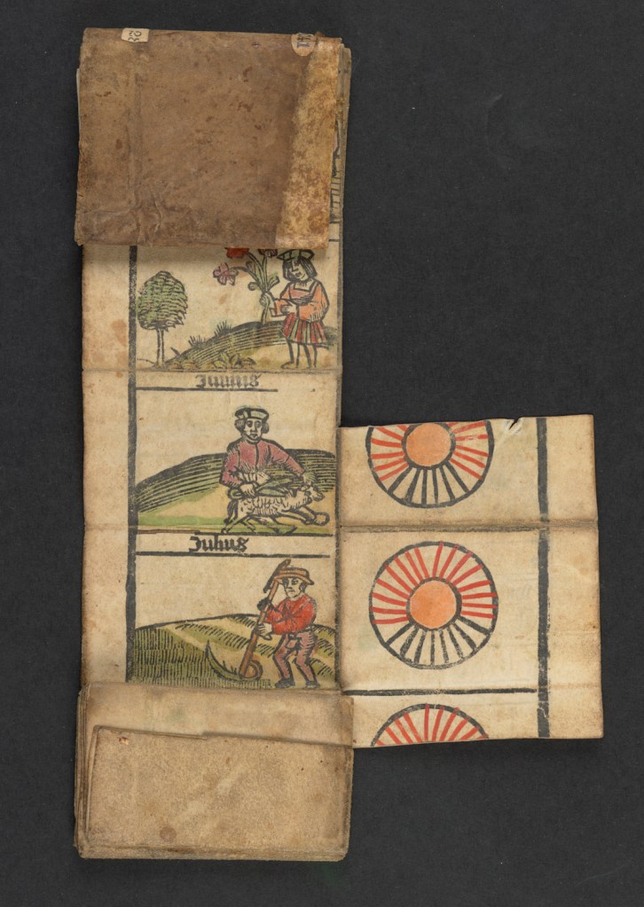 Calendar showing sheep-shearing in June and scything in July