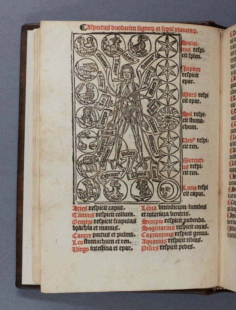 Page showing zodiac man and text in red and black ink
