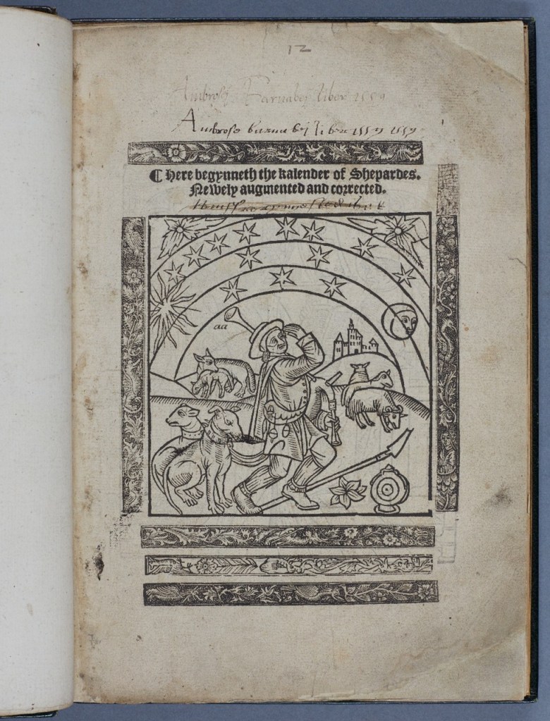 Page with woodcut image of shepherd, dogs and sheep