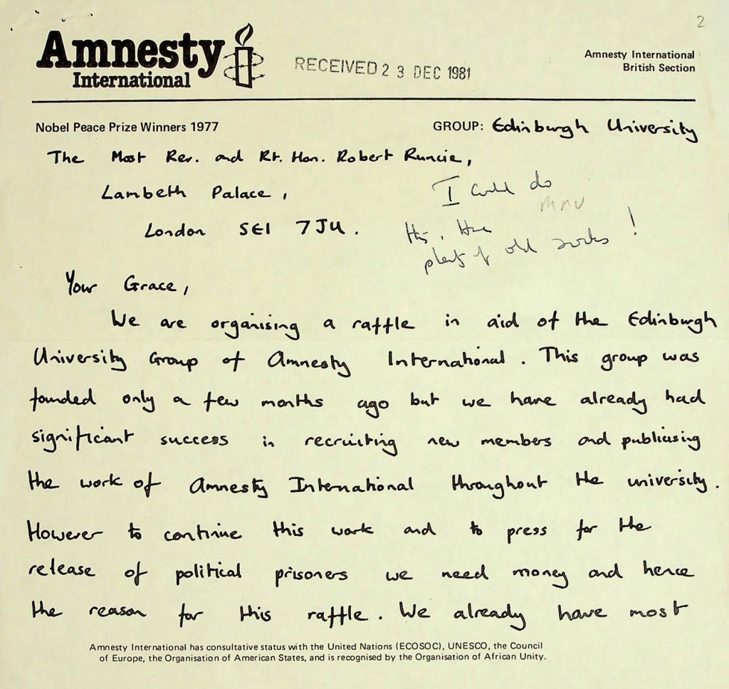 Handwritten letter on Amnesty International headed paper