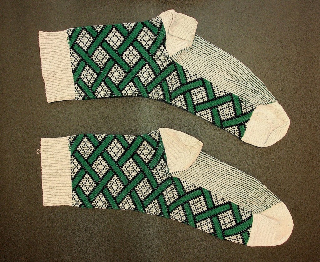 Pair of socks with black, white and green pattern