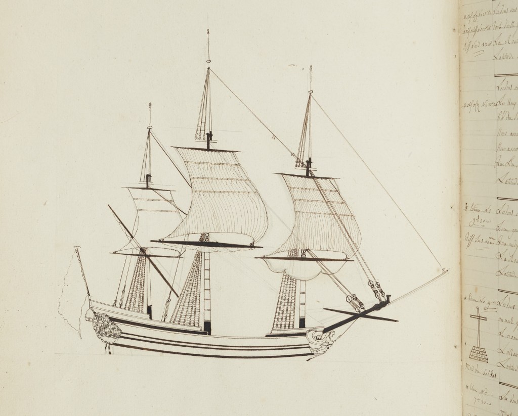 An 18th century illustration of a ship with three masts.