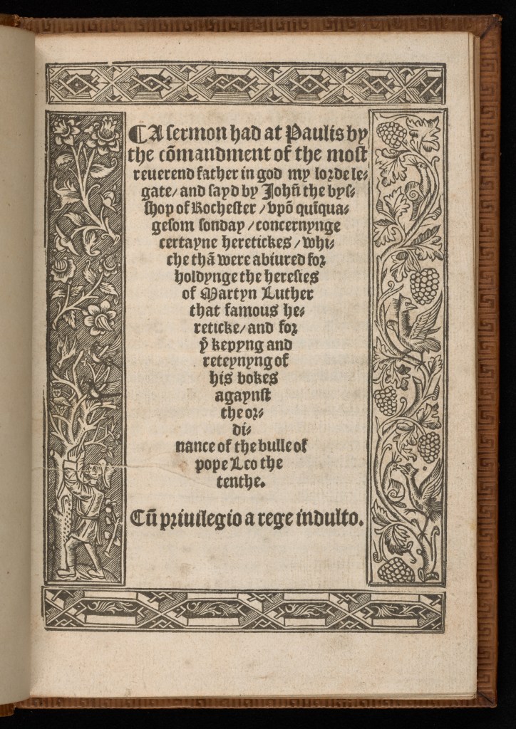 16th Century title page with woodcut borders showing birds and vines.