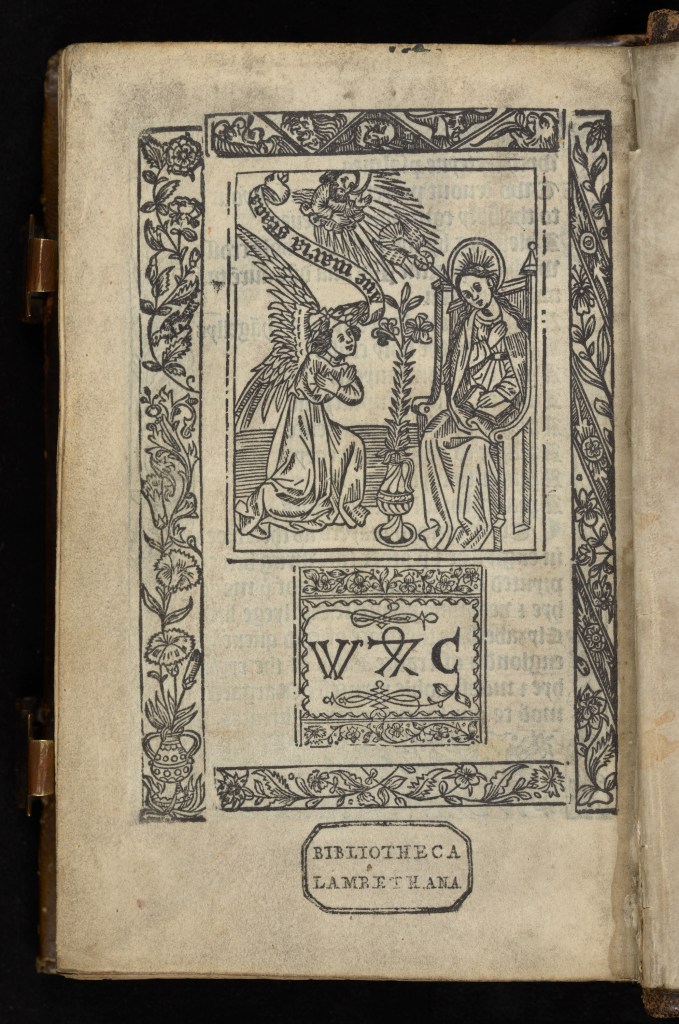 Woodcut of the annunciation with decorated border and Wynkyn de Worde's printer's device