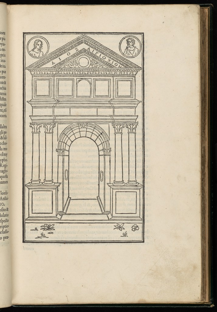 Wood engraving of a classical gate
