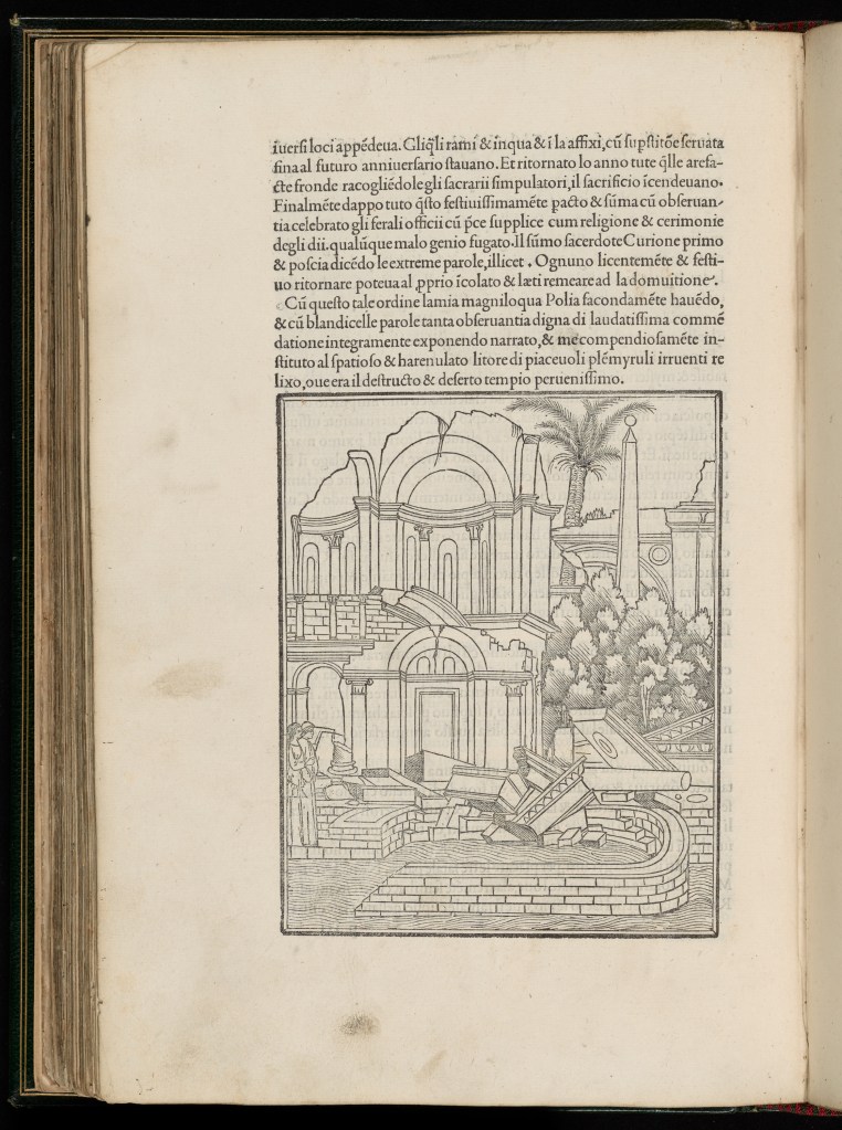 Page with printed text and wood engraving of a ruined classical building